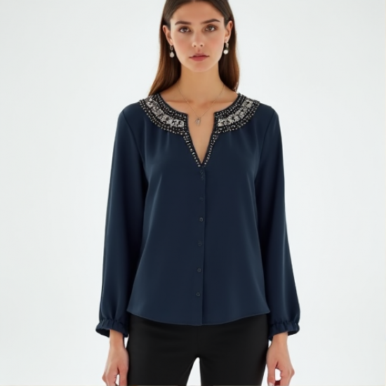 Elysian Elegance Beaded Yoke Blouse